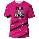 All over pink Breast Cancer Awareness shirt front, She Fights We Pray God Moves
