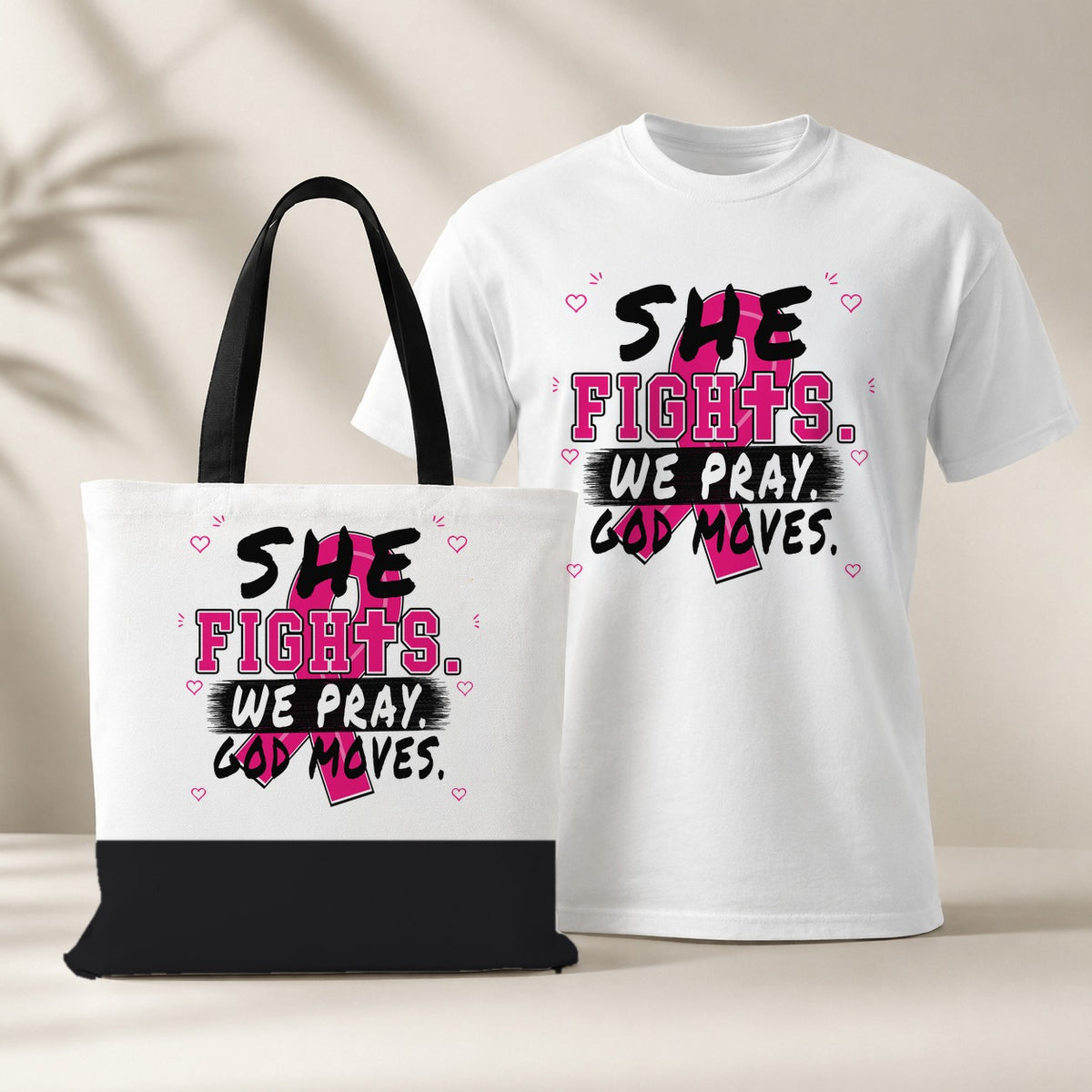 Matching She Fights We Pray God Moves white shirt and white tote bag with black bottom and black handles for Breast Cancer Awareness