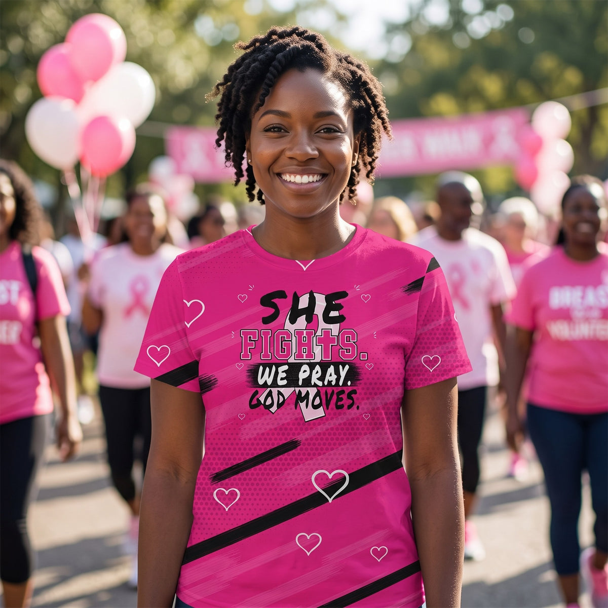 Smiling woman wearing the pink She Fights We Pray God Moves Breast Cancer Awareness shirt at a walk