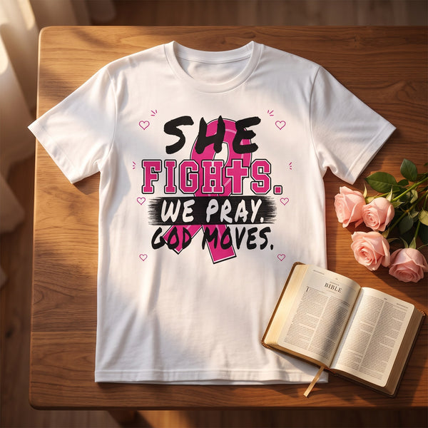 White She Fights We Pray God Moves Breast Cancer Awareness shirt on a wood table with pink roses and an open Bible