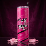 Pink She Fights We Pray God Moves Breast Cancer Awareness tumbler with rose petals on a dark plum background
