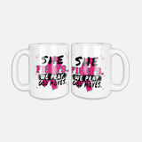 She Fights We Pray God Moves breast cancer awareness coffee mug, white with a pink ribbon design on both sides