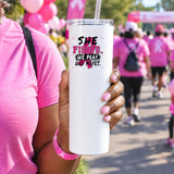 She Fights We Pray God Moves white 20 oz tumbler held at a breast cancer awareness walk