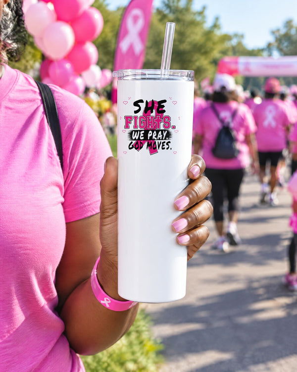She Fights We Pray God Moves white 20 oz tumbler held at a breast cancer awareness walk