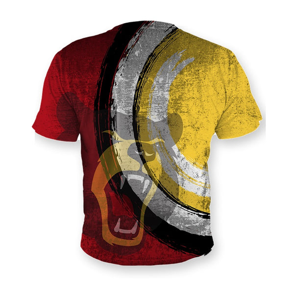 Back of the Team Logo custom shirt, all over print with the red, gold and black swoosh