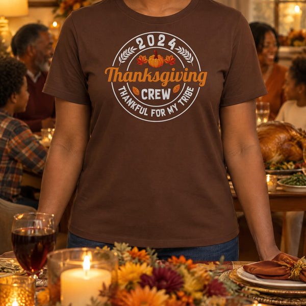 Thanksgiving Crew Thankful For My Tribe brown graphic tee worn at a family Thanksgiving dinner