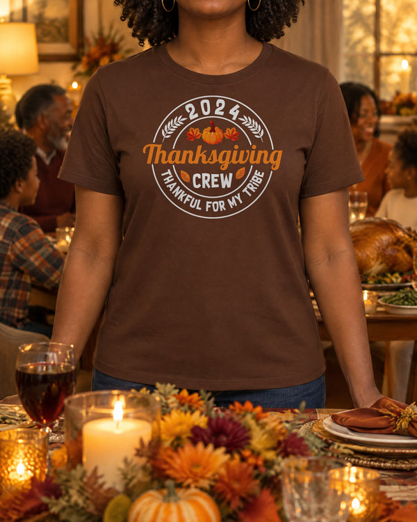 Thanksgiving Crew Thankful For My Tribe brown graphic tee worn at a family Thanksgiving dinner