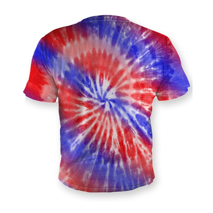 Back of the Tie Dye t-shirt, red, white and blue spiral all over print