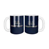 Dark blue U.S. Coast Guard coffee mug, two sides shown, solid dark blue with U.S. COAST GUARD in black letters