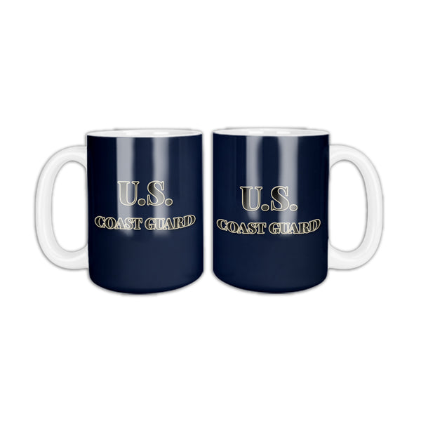 Dark blue U.S. Coast Guard coffee mug, two sides shown, solid dark blue with U.S. COAST GUARD in black letters