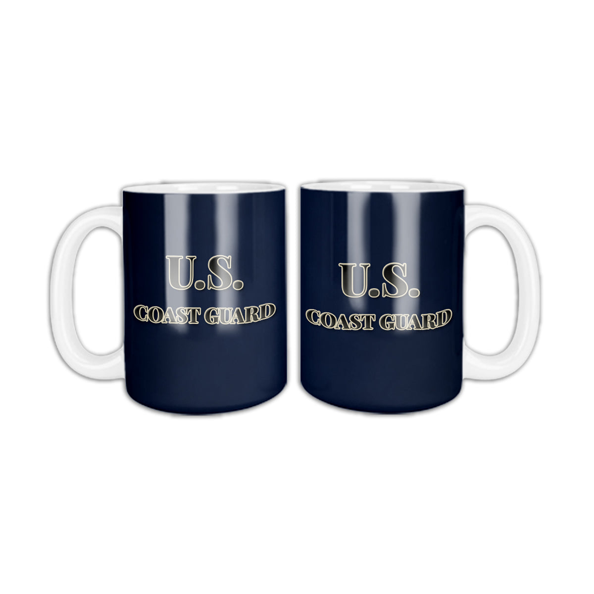 Dark blue U.S. Coast Guard coffee mug, two sides shown, solid dark blue with U.S. COAST GUARD in black letters