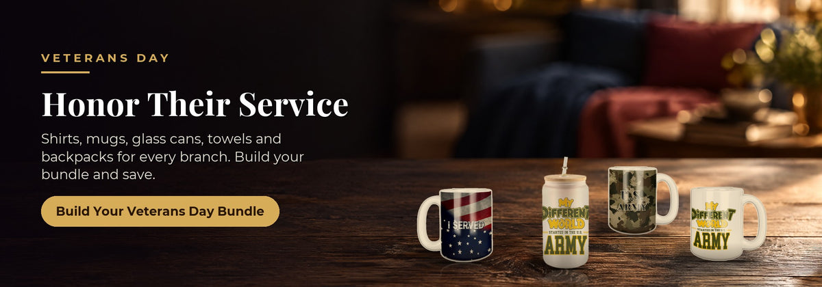  Veterans Day mugs and glass can on a wooden table, Honor Their Service, build your Veterans Day bundle