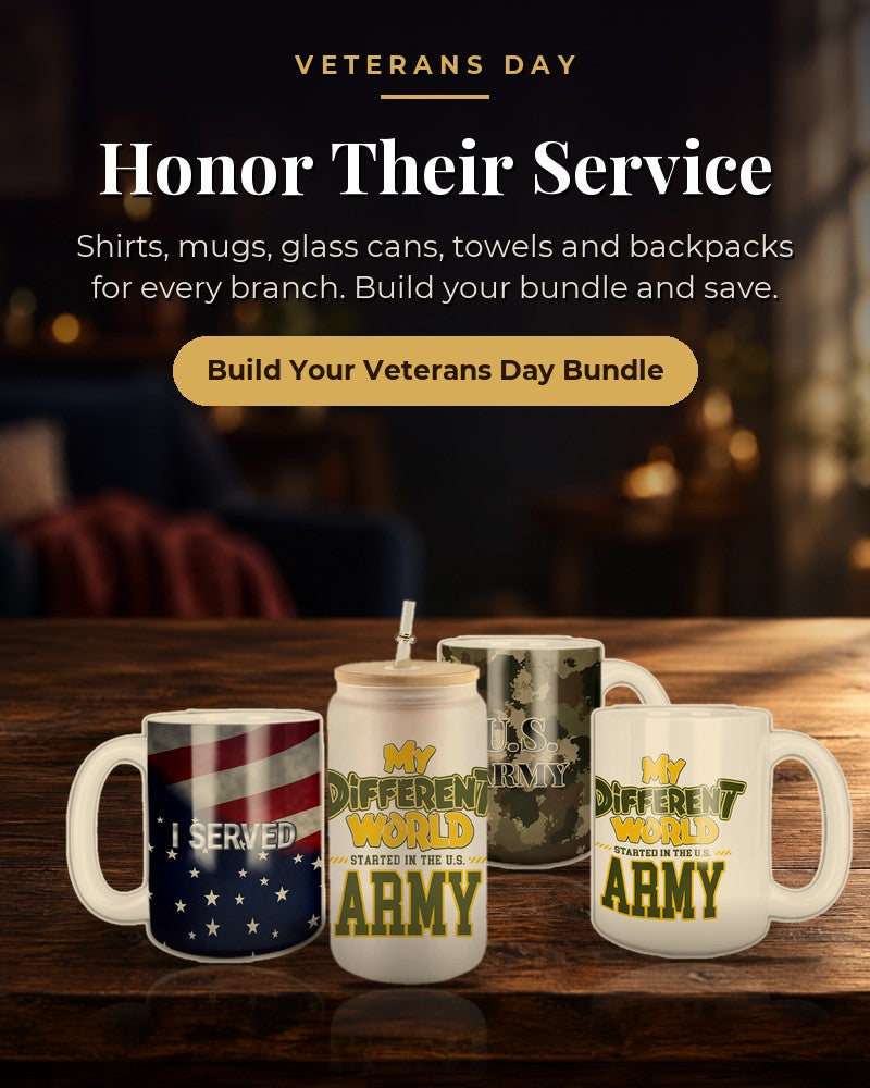  Veterans Day mugs and glass can on a wooden table, Honor Their Service, build your Veterans Day bundle