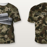 U.S. Air Force camo Veterans Day shirt with personalized dog tags on the front and U.S. AIR FORCE on the back, front and back view, all over print