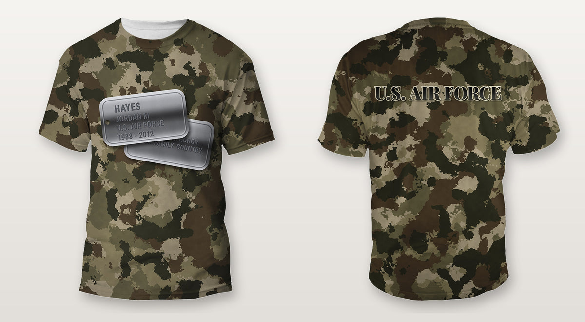 U.S. Air Force camo Veterans Day shirt with personalized dog tags on the front and U.S. AIR FORCE on the back, front and back view, all over print