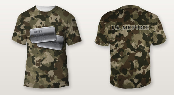 U.S. Air Force camo Veterans Day shirt with personalized dog tags on the front and U.S. AIR FORCE on the back, front and back view, all over print