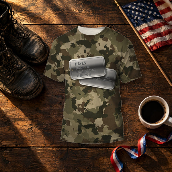 U.S. Air Force camo Veterans Day shirt with personalized dog tags on the front and U.S. AIR FORCE on the back, folded on a table for a Veterans Day gift