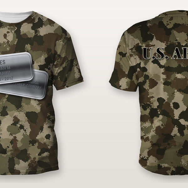 U.S. Army camo Veterans Day shirt with personalized dog tags on the front and U.S. ARMY on the back, front and back view, all over print
