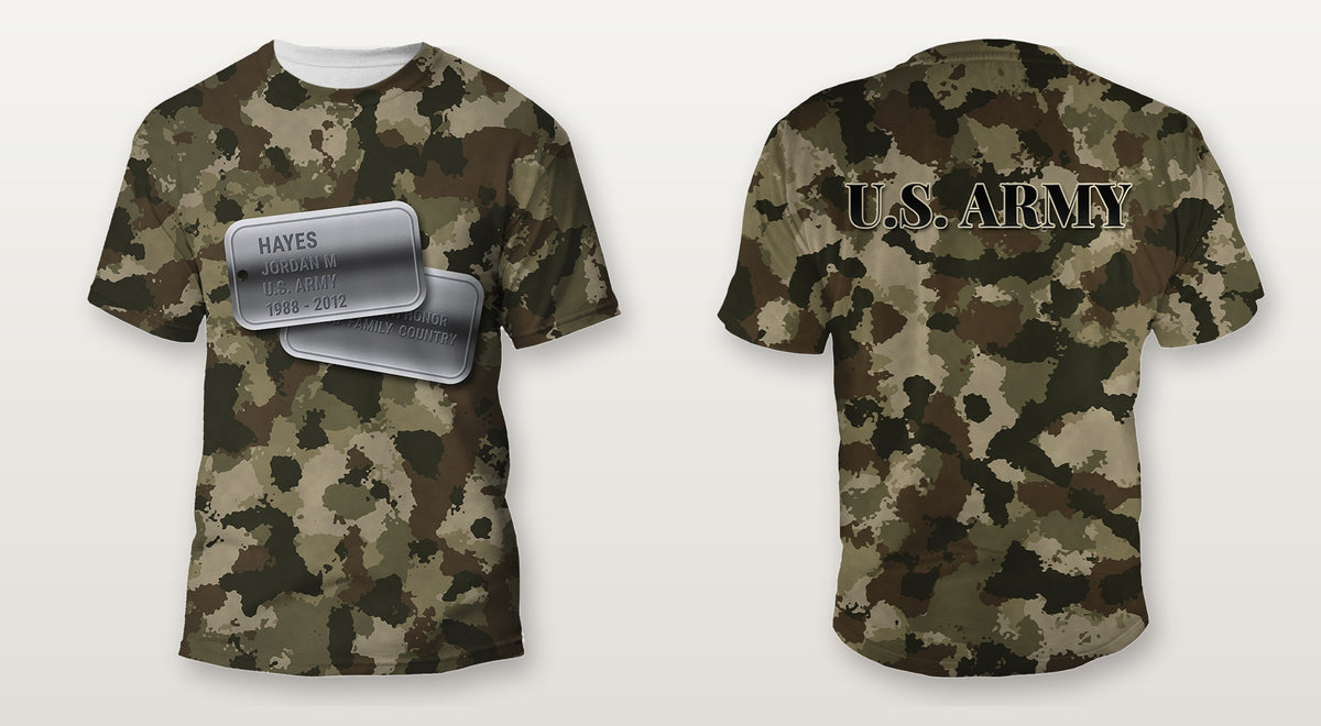 U.S. Army camo Veterans Day shirt with personalized dog tags on the front and U.S. ARMY on the back, front and back view, all over print