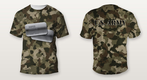 U.S. Army camo Veterans Day shirt with personalized dog tags on the front and U.S. ARMY on the back, front and back view, all over print