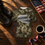 U.S. Army camo Veterans Day shirt with personalized dog tags on the front and U.S. ARMY on the back, folded on a table for a Veterans Day gift