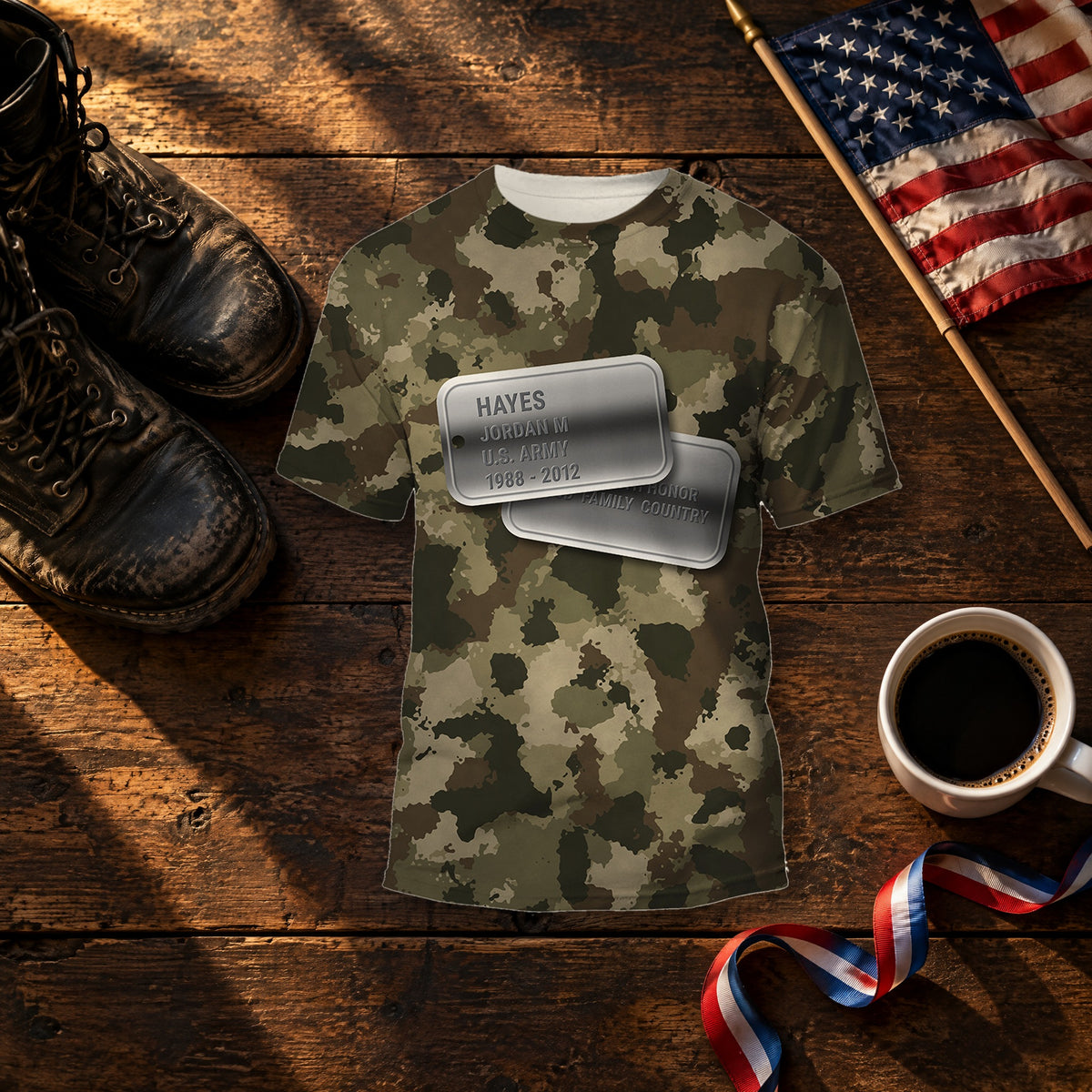 U.S. Army camo Veterans Day shirt with personalized dog tags on the front and U.S. ARMY on the back, folded on a table for a Veterans Day gift