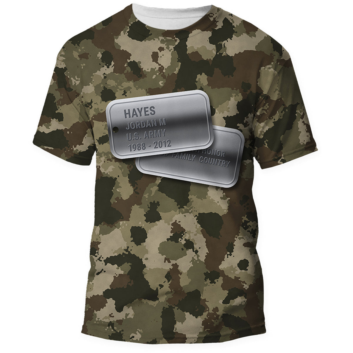 Front of the U.S. Army camo Veterans Day shirt, all over print