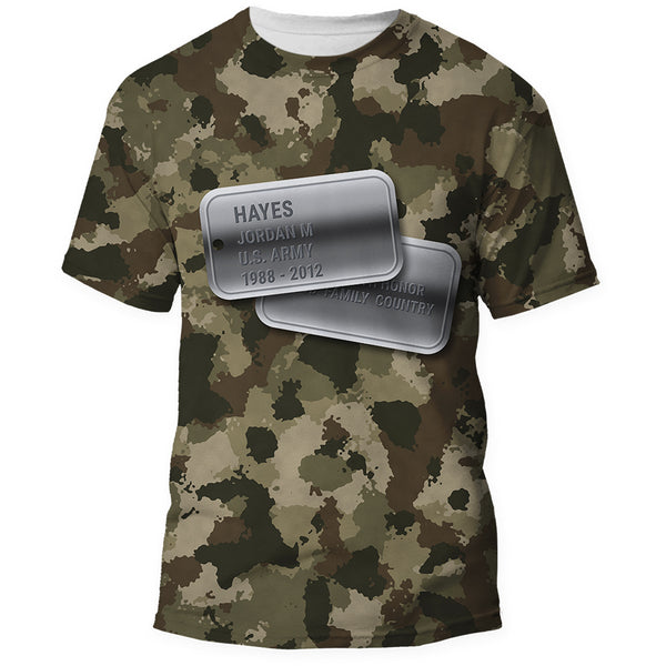 Front of the U.S. Army camo Veterans Day shirt, all over print