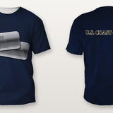 U.S. Coast Guard dark blue Veterans Day shirt with personalized dog tags on the front and U.S. COAST GUARD on the back, front and back view, all over print