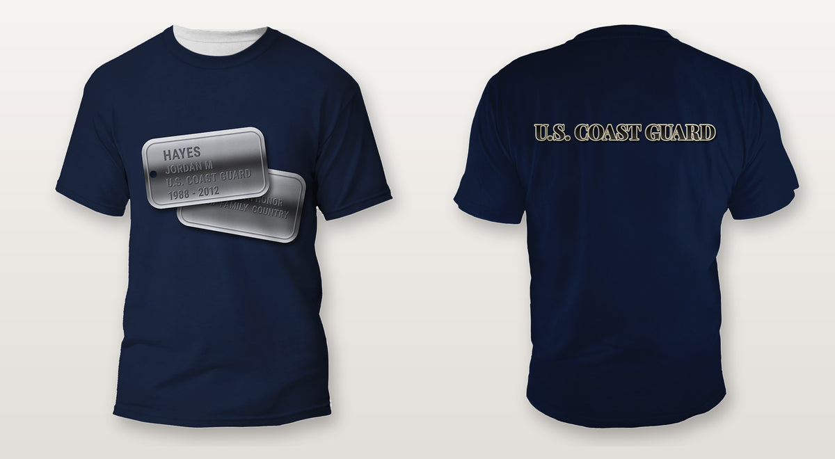 U.S. Coast Guard dark blue Veterans Day shirt with personalized dog tags on the front and U.S. COAST GUARD on the back, front and back view, all over print