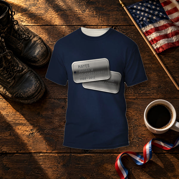 U.S. Coast Guard dark blue Veterans Day shirt with personalized dog tags on the front and U.S. COAST GUARD on the back, folded on a table for a Veterans Day gift
