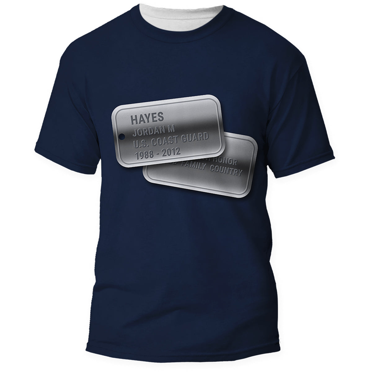 Front of the U.S. Coast Guard dark blue Veterans Day shirt, all over print