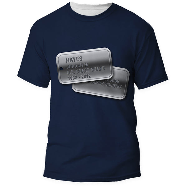 Front of the U.S. Coast Guard dark blue Veterans Day shirt, all over print
