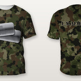 U.S. Marines woodland digital camo Veterans Day shirt with personalized dog tags on the front and U.S. MARINES on the back, front and back view, all over print