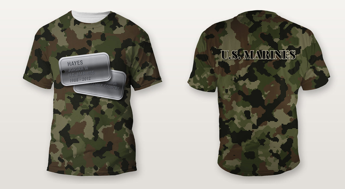 U.S. Marines woodland digital camo Veterans Day shirt with personalized dog tags on the front and U.S. MARINES on the back, front and back view, all over print