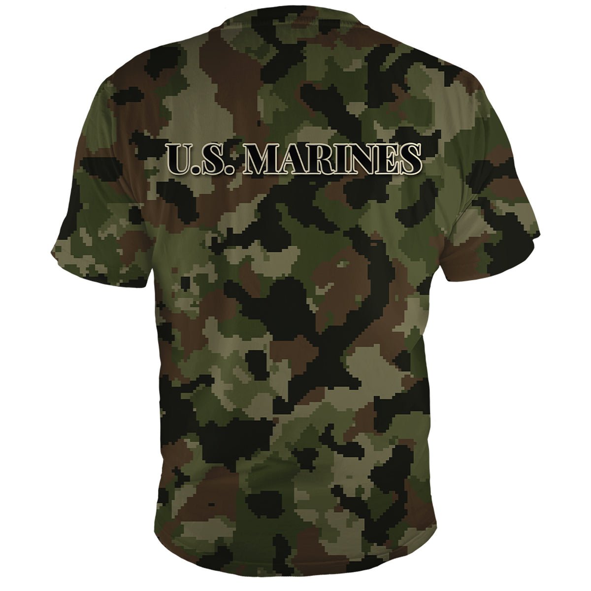 Back of the U.S. Marines woodland digital camo Veterans Day shirt, all over print