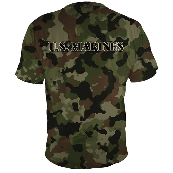Back of the U.S. Marines woodland digital camo Veterans Day shirt, all over print