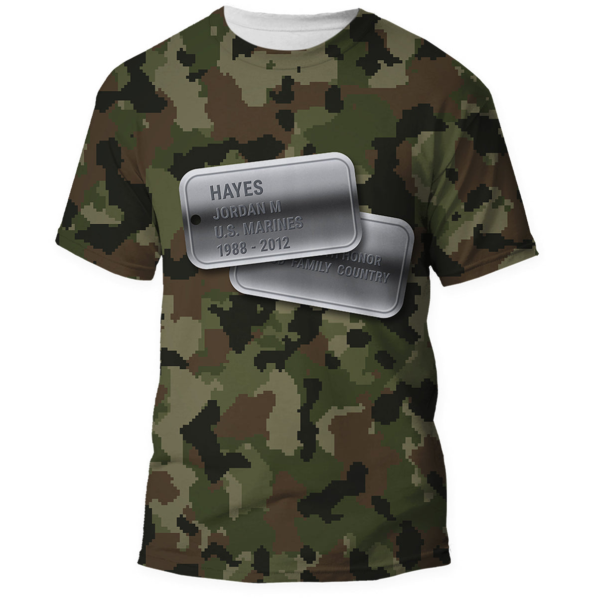 Front of the U.S. Marines woodland digital camo Veterans Day shirt, all over print