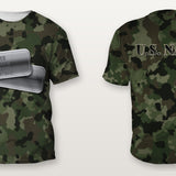 U.S. Navy green digital camo Veterans Day shirt with personalized dog tags on the front and U.S. NAVY on the back, front and back view, all over print