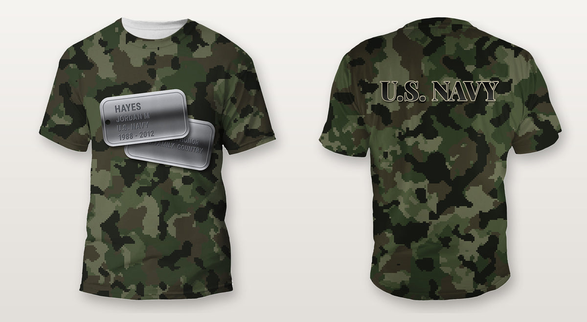 U.S. Navy green digital camo Veterans Day shirt with personalized dog tags on the front and U.S. NAVY on the back, front and back view, all over print
