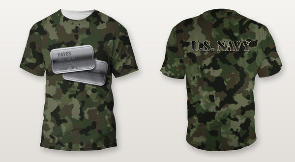U.S. Navy green digital camo Veterans Day shirt with personalized dog tags on the front and U.S. NAVY on the back, front and back view, all over print
