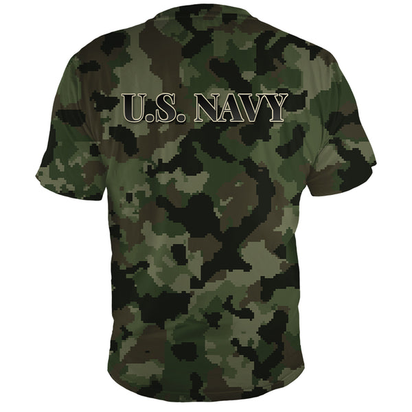 Back of the U.S. Navy green digital camo Veterans Day shirt, all over print