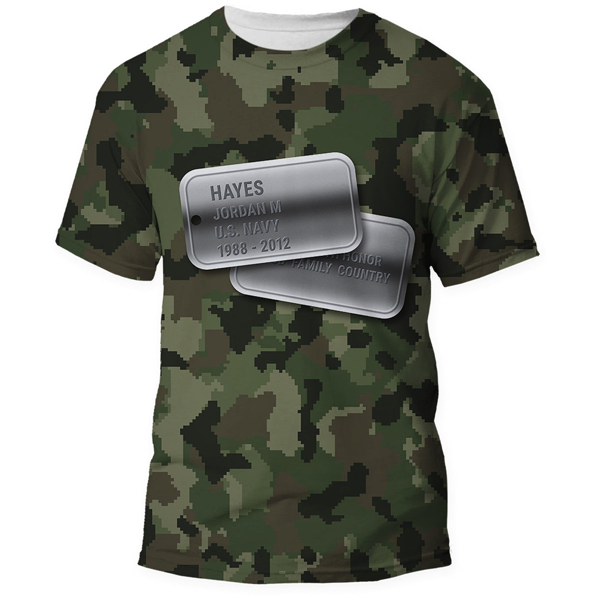 Front of the U.S. Navy green digital camo Veterans Day shirt, all over print