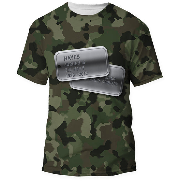Front of the U.S. Navy green digital camo Veterans Day shirt, all over print