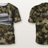U.S. Space Force camo Veterans Day shirt with personalized dog tags on the front and U.S. SPACE FORCE on the back, front and back view, all over print