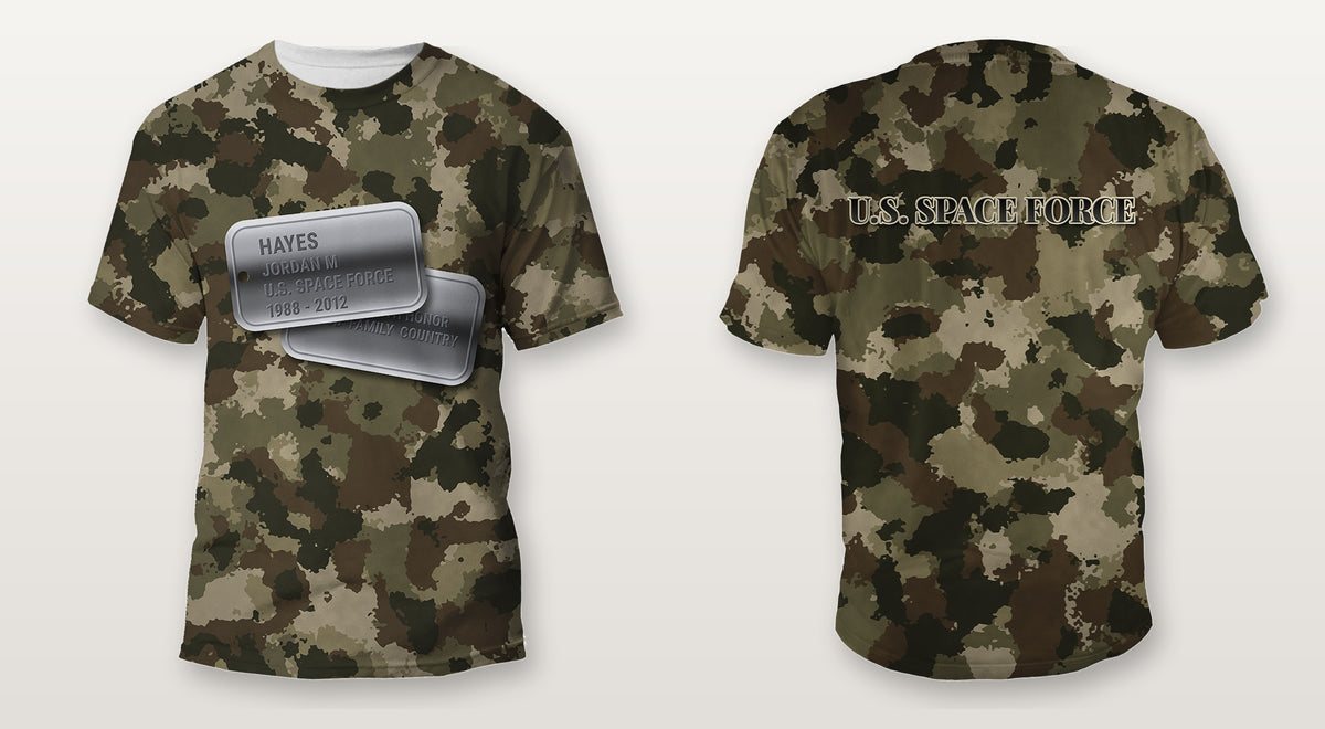 U.S. Space Force camo Veterans Day shirt with personalized dog tags on the front and U.S. SPACE FORCE on the back, front and back view, all over print