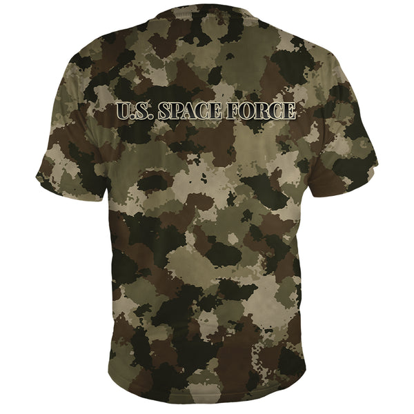 Back of the U.S. Space Force camo Veterans Day shirt, all over print