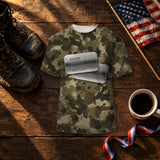 U.S. Space Force camo Veterans Day shirt with personalized dog tags on the front and U.S. SPACE FORCE on the back, folded on a table for a Veterans Day gift