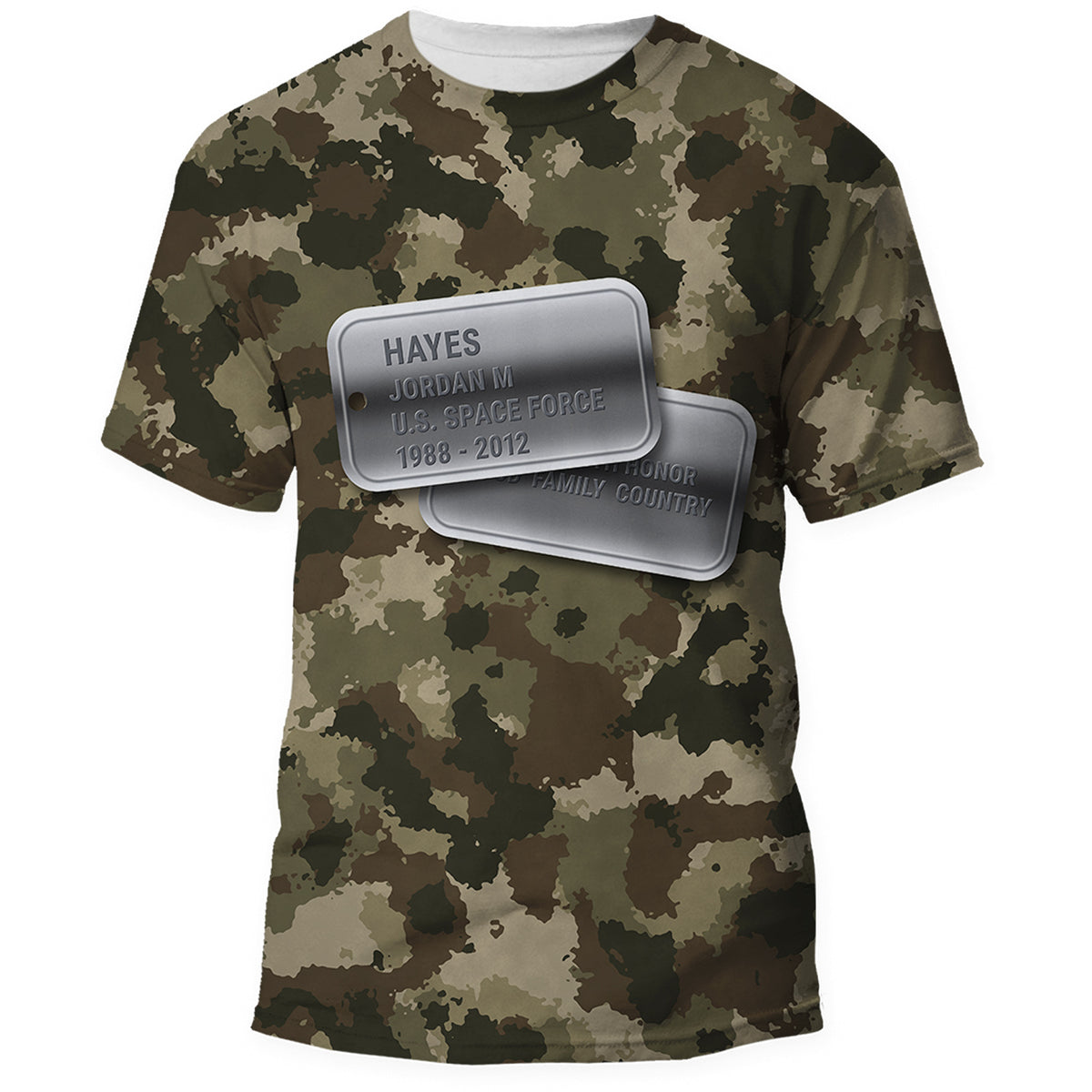 Front of the U.S. Space Force camo Veterans Day shirt, all over print