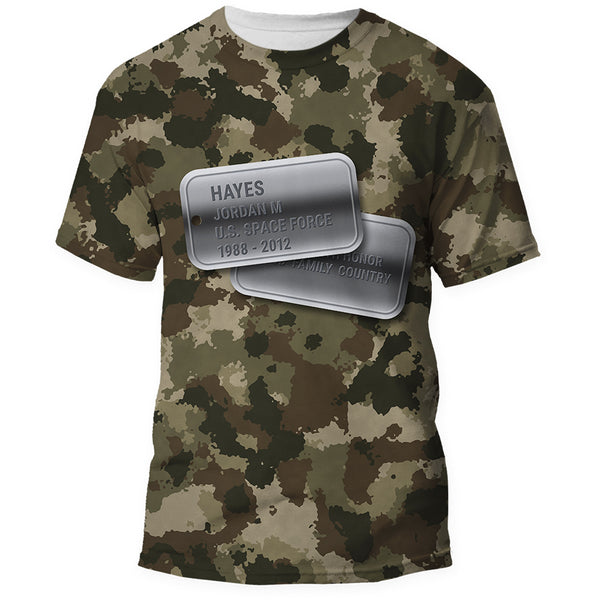 Front of the U.S. Space Force camo Veterans Day shirt, all over print